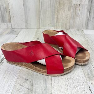 Yokono Mora Wedge Sandal Platform Slide Red Leather Cross Front Size 9